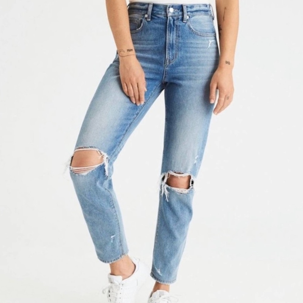American Eagle High Rise Distressed Mom Jeans
